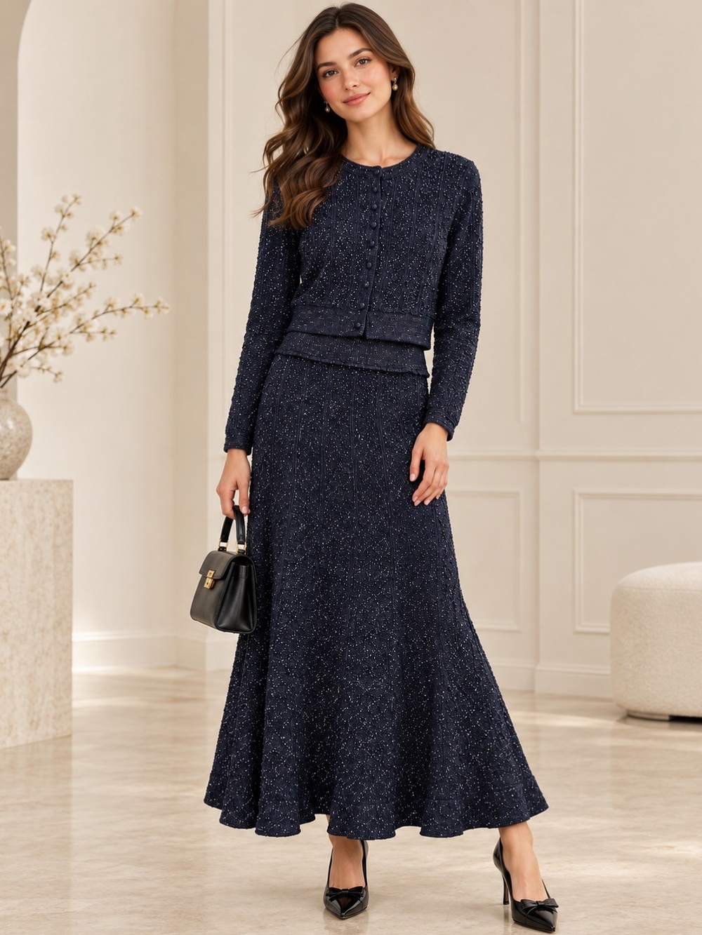 Sandro Navy Tweed Long Flared Maxi Skirtw